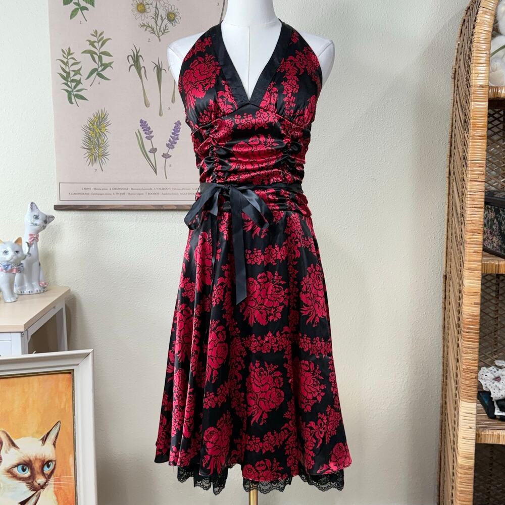 90s Y2k Satin Floral Halter Formal Dress Romantic Goth Whimsigoth Sexy Vampire S